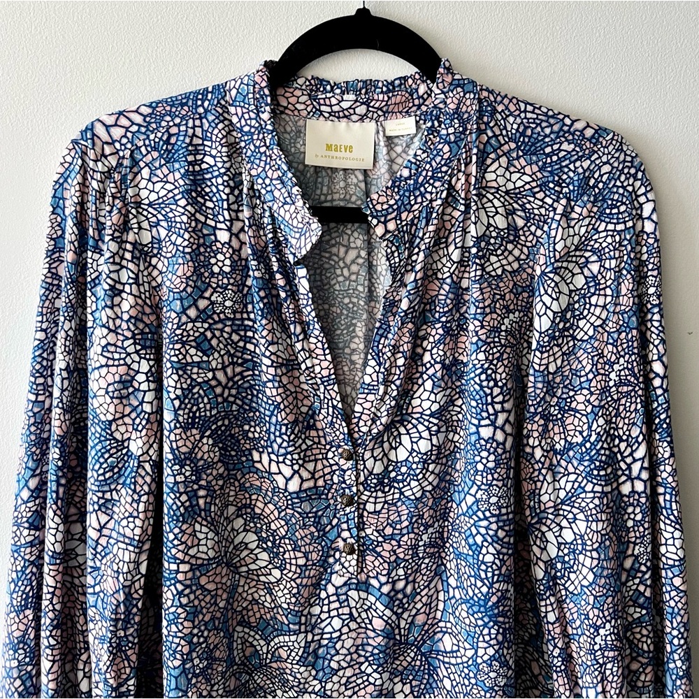 Anthropologie Maeve Blue and Pink Mosaic Print Blouse